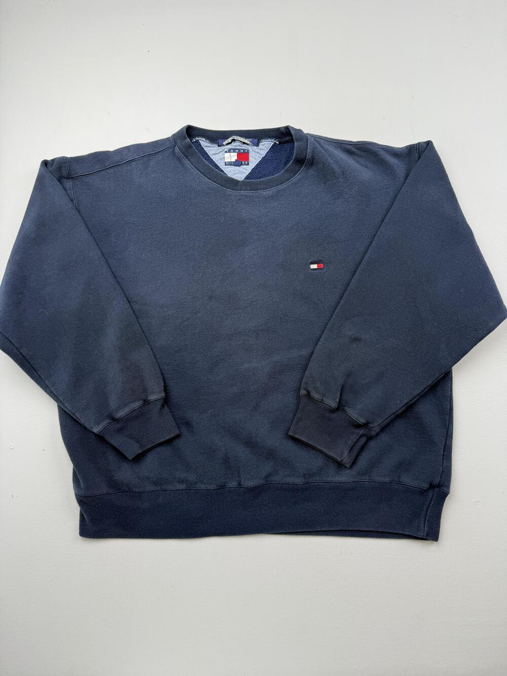 Tommy Hilfiger Sweatshirt Mens Large Blue Fleece Crewneck Pullover Flag Logo